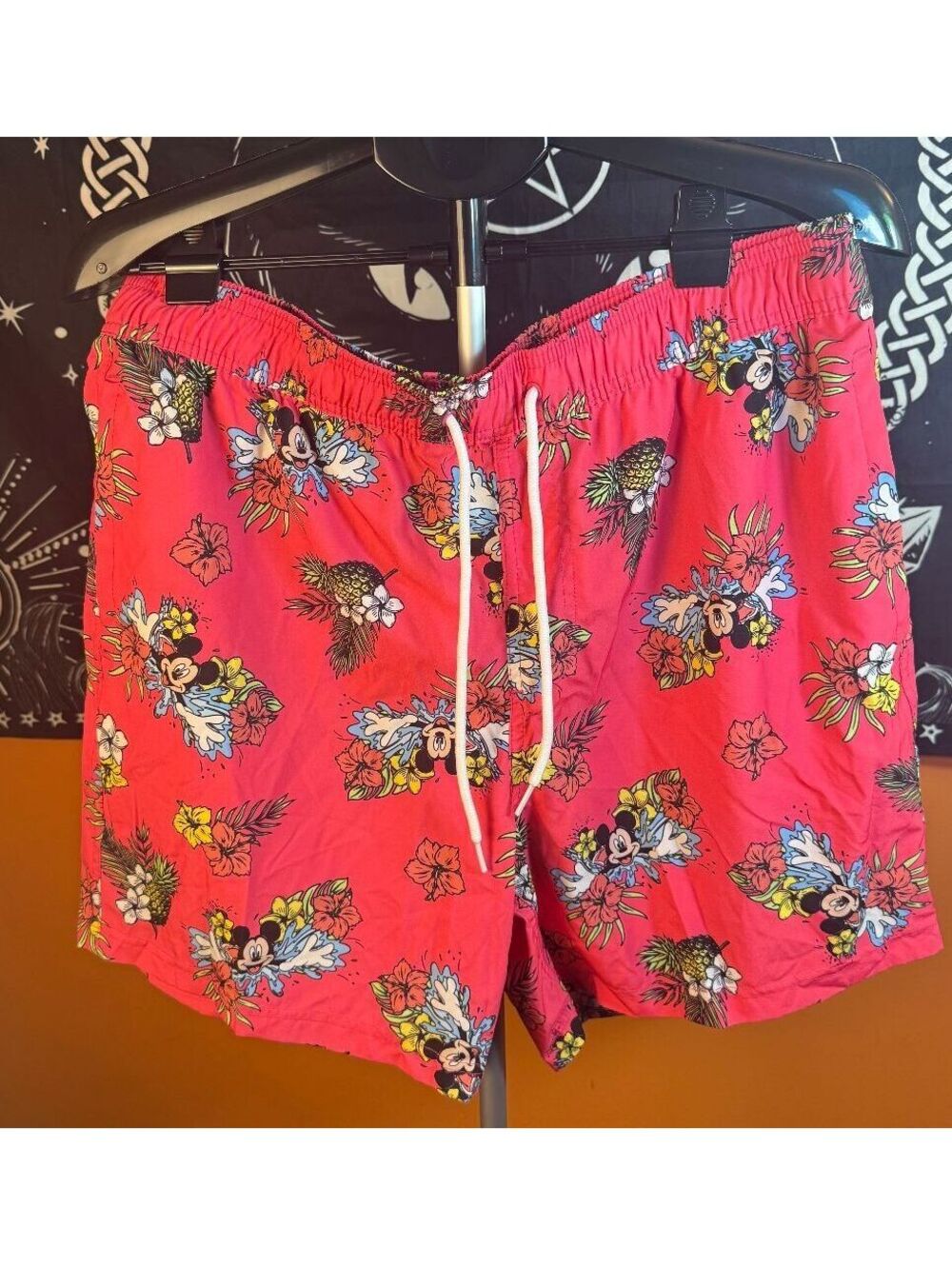 NWOT Disney all over Mickey Mouse pink Floral Swim Shorts sz L swimming trunks